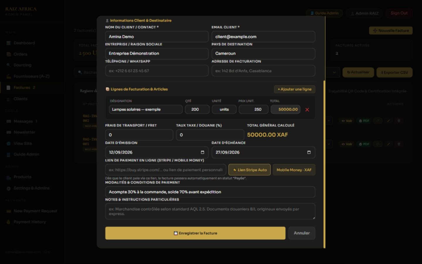 Facture enregistrée — générer son lien Mobile Money en XAF